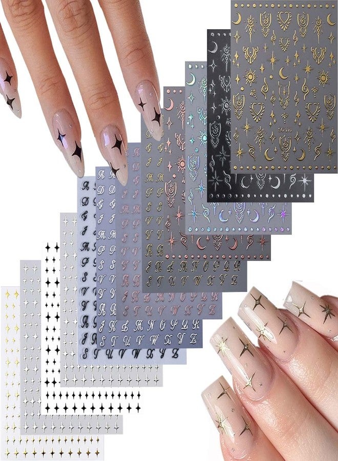 SPLOCUDU 12 Sheets Gold Nail Stickers Star Nail Art Stickers Moon 3D Self Adhesive Nail Decals Silver Rose Gold Black Nail Art Decals Holographic Nails Design for Women Girls Accessories DIY Manicure - Image 1